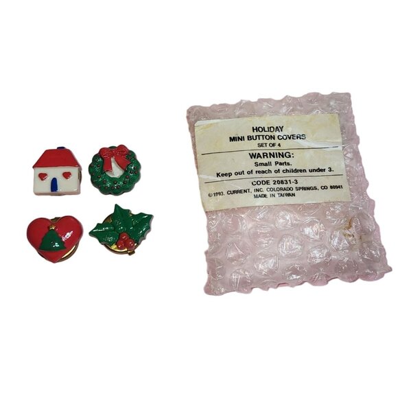 Vintage 1993 Current Inc Holiday Mini Button Covers Christmas Holly Wreath House - Picture 2 of 5